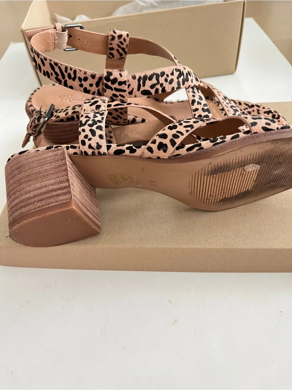 Madewell Wisteria Dove cheeta Strappy Block Heel Sandals Tan/Black Womens 9.5